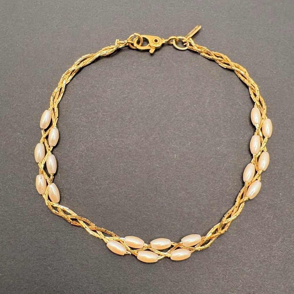 Vintage Monet Braided Faux Rice Pearl Bracelet‎ Gold Tone Classic 7"